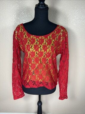 Gordon & James Red Lace Sequin Rhinestone Long Sleeve Blouse Top Large